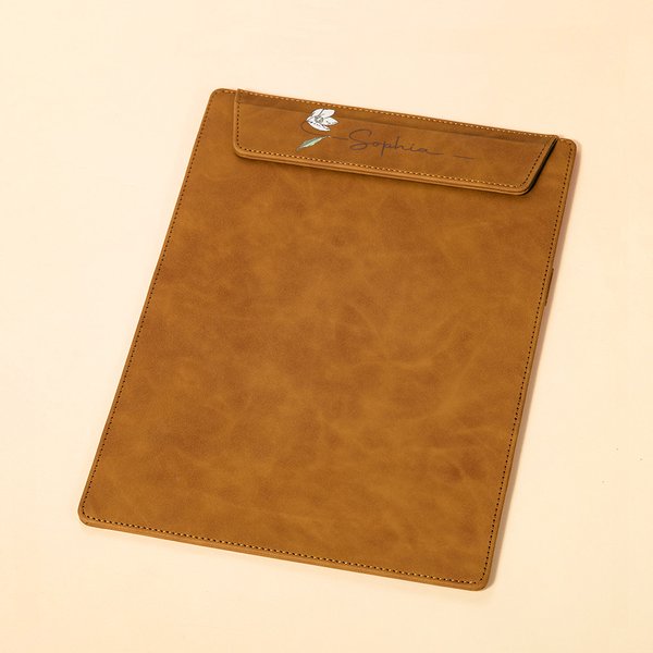 Personalised Birth Flower Name Magnetic Leather A4 Clipboard with Pen Holder Loop for Office School Writing Birthday Gift for Teacher Student Nurse