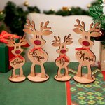 Personalized Red Nose Bow Reindeer Wooden Standing Table Ornament with Name Home Holiday Party Decor Christmas Gift for Family Kids
