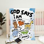 Personnalisé Véhicule de Construction Dinosaur Animal Dieu Dit Je Suis Couverture Douce avec Verset Biblique Décoration Maison Anniversaire Baptême Cadeau pour les Enfants