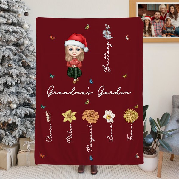 Personalized Multicolor Cartoon 1-20 Names Birth Flowers Soft Throw Blanket with Title Christmas Birthday Gift for Mom Grandma Dad Grandpa