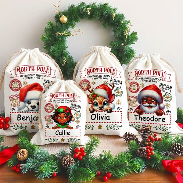 Gepersonaliseerde kleine Elf rendier Noordpool Overnight Service Santa zak koord kerstcadeau tas met naam Holiday Party Favors voor kinderen familie