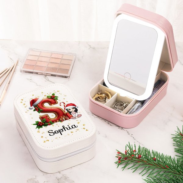 Portagioie da viaggio personalizzato con cappello di Babbo Natale, iniziale del personaggio dei cartoni animati, con nome e specchio per il trucco a L