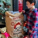 Personalised Little Elf Reindeer North Pole Overnight Service Santa Sack Drawstring Christmas Gift Bag with Name Holiday Party Favors for Kids Family