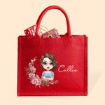 Personalized Birth Flower Cartoon Character Red Jute Bag with Name Eco-friendly Christmas Gift for Women Girls