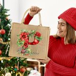 Personnalisé 3D Holly Floral Initial Durable Jute Tote Bag avec Nom Noël Cadeau pour Famille Ami