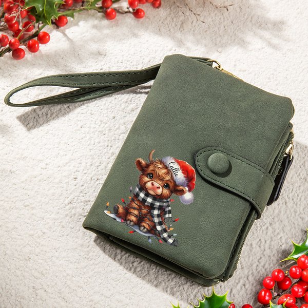 Sciarpa a quadri personalizzata con nome del cappello di Babbo Natale Highland Mucca Trifold Portafoglio in pelle con portacarte Regalo di Natale per 