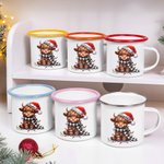 Personalized Santa Hat Lights Highland Cow 11oz Colored Rim Enamel Mug with Name Christmas Festival Gift for Family Kids
