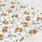 Personalised Cute Highland Cow Green Leaves Baby Receiving Blanket Swaddle with Name Birthday Baby Shower Gift for Newborns