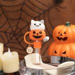 Personalised 3D Ghost Cat Pumpkin Straw Cover Topper with Initial Charm Accessories for Stanley Tumbler Halloween Birthday Gift for Family Friends