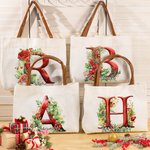Personalizzato 3D effetto fiori di agrifoglio iniziale Tela Tote Bag con nome e manico in pelle Natale Compleanno regalo per gli amici della famiglia