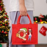 Personalized Cartoon Character Santa Elf Reindeer Initial Red Jute Gift Tote Bag with Name Christmas Festival Party Favors Gift for Kids Family