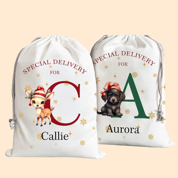 Gepersonaliseerde speciale levering kerst thema dier patroon koord Canvas Gift Bag met naam kerstcadeau voor Kid