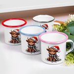 Personalized Santa Hat Lights Highland Cow 11oz Colored Rim Enamel Mug with Name Christmas Festival Gift for Family Kids