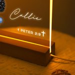 Personalized Bible Verse Cartoon LED Night Light with Wooden Base Nursery Home Decor Birthday Baptism Christmas Gift for Family Kids