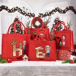 Personalized Cartoon Character Santa Elf Reindeer Initial Red Jute Gift Tote Bag with Name Christmas Festival Party Favors Gift for Kids Family