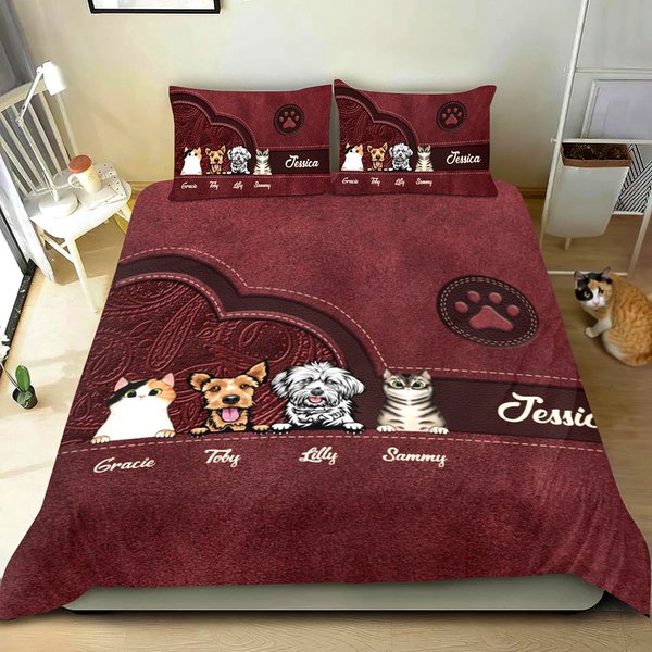 Personalisierte Vintage Cartoon 1-6 Hunde Katzen Paw Print weiche Bettbezug und 2 Kissenbezüge Bettwäsche-Set mit Namen Geburtstag Geschenk für Tierbesitzer