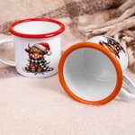 Personalized Santa Hat Lights Highland Cow 11oz Colored Rim Enamel Mug with Name Christmas Festival Gift for Family Kids