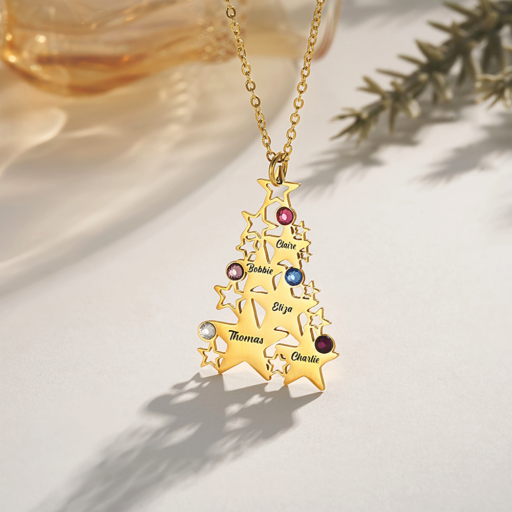 Collier d'arbre de Noël personnalisé avec 1-5 pierres de naissance et noms gravés Bijoux de famille Cadeau d'anniversaire de Noël pour les femmes