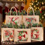 Personnalisé 3D Holly Floral Initial Durable Jute Tote Bag avec Nom Noël Cadeau pour Famille Ami