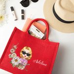 Personalized Birth Flower Cartoon Character Red Jute Bag with Name Eco-friendly Christmas Gift for Women Girls