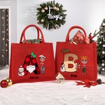 Personalized Cartoon Character Santa Elf Reindeer Initial Red Jute Gift Tote Bag with Name Christmas Festival Party Favors Gift for Kids Family