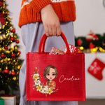 Personalized Birth Flower Cartoon Character Red Jute Bag with Name Eco-friendly Christmas Gift for Women Girls