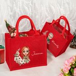 Personalized Birth Flower Cartoon Character Red Jute Bag with Name Eco-friendly Christmas Gift for Women Girls