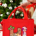 Personalized Cartoon Character Santa Elf Reindeer Initial Red Jute Gift Tote Bag with Name Christmas Festival Party Favors Gift for Kids Family