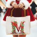Personalizzato 3D effetto fiori di agrifoglio iniziale Tela Tote Bag con nome e manico in pelle Natale Compleanno regalo per gli amici della famiglia