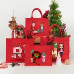 Personalized Cartoon Character Santa Elf Reindeer Initial Red Jute Gift Tote Bag with Name Christmas Festival Party Favors Gift for Kids Family