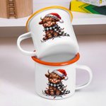 Personalized Santa Hat Lights Highland Cow 11oz Colored Rim Enamel Mug with Name Christmas Festival Gift for Family Kids
