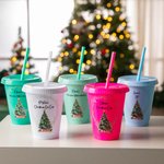 Personalized Reusable Christmas Tree Design 16oz Cup with Straw and Name Birthday Christmas Eve Box Gift for Kids