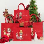 Personalized Birth Flower Cartoon Character Red Jute Bag with Name Eco-friendly Christmas Gift for Women Girls
