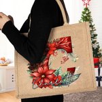Personnalisé 3D Holly Floral Initial Durable Jute Tote Bag avec Nom Noël Cadeau pour Famille Ami