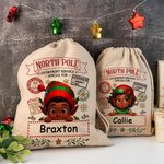 Personalised Little Elf Reindeer North Pole Overnight Service Santa Sack Drawstring Christmas Gift Bag with Name Holiday Party Favors for Kids Family