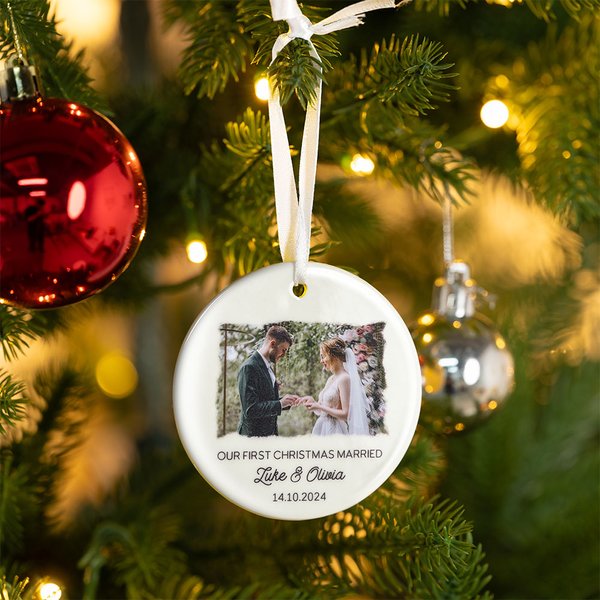 Personalized Double Sided Wedding Photo Ceramic Ornament with Name and Date Christmas Tree Decor Wedding Gift for Newlyweds