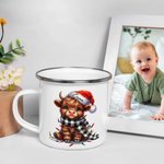 Personalized Santa Hat Lights Highland Cow 11oz Colored Rim Enamel Mug with Name Christmas Festival Gift for Family Kids
