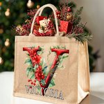 Personnalisé 3D Holly Floral Initial Durable Jute Tote Bag avec Nom Noël Cadeau pour Famille Ami