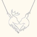 Personalized Heart-Shaped Reindeers Pendant Necklace with Double Names Dainty Jewelry Christmas Birthday Anniversary Gift for Couple Women