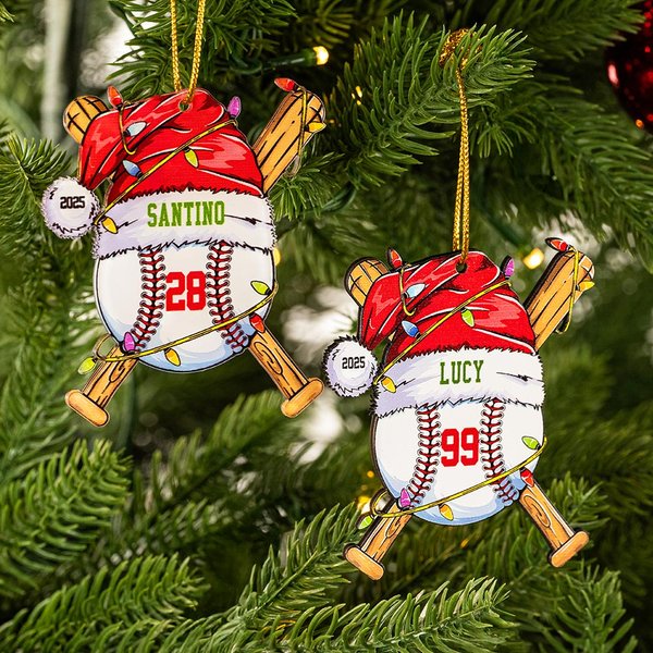 Personalized Santa Hat Baseball Christmas Ornament with Name Number Year Christmas Tree Decor for Baseball Lover