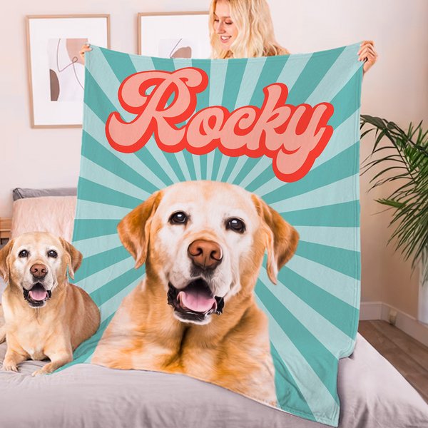 Personalised Multicolour Sunrise Ray Dog Cat Portrait Photo Soft Blanket with Name Birthday Gift for Pet Lover