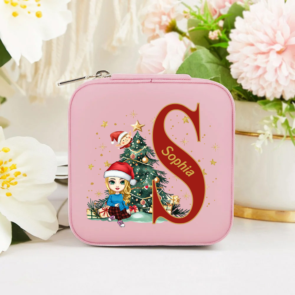 Boîte à bijoux de voyage en cuir personnalisée avec nom, anniversaire et cadeau de Noël pour la famille et les enfants.