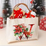Personalizzato 3D effetto fiori di agrifoglio iniziale Tela Tote Bag con nome e manico in pelle Natale Compleanno regalo per gli amici della famiglia
