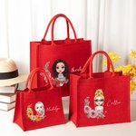 Personalized Birth Flower Cartoon Character Red Jute Bag with Name Eco-friendly Christmas Gift for Women Girls