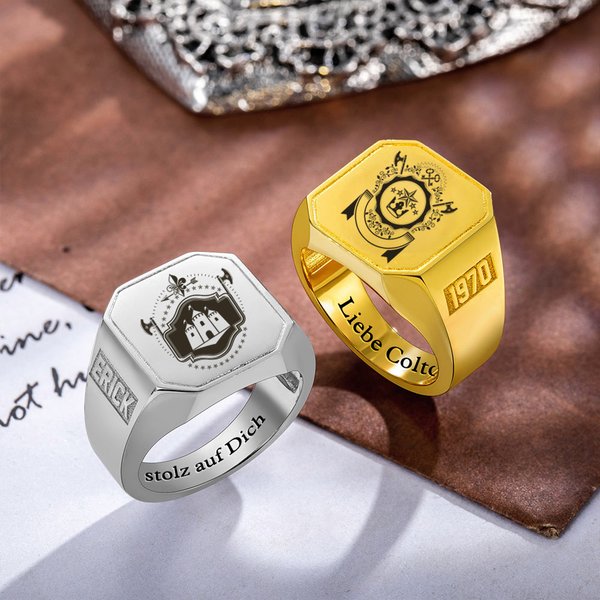 Personalisierter Wappen-Ring mit Familie Uni Logo und Text Gravur Geburtstag Vatertag Abschluss Siegelring Geschenk für Absolventen Herren Familie