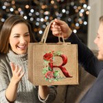 Personnalisé 3D Holly Floral Initial Durable Jute Tote Bag avec Nom Noël Cadeau pour Famille Ami