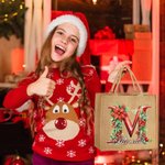 Personnalisé 3D Holly Floral Initial Durable Jute Tote Bag avec Nom Noël Cadeau pour Famille Ami