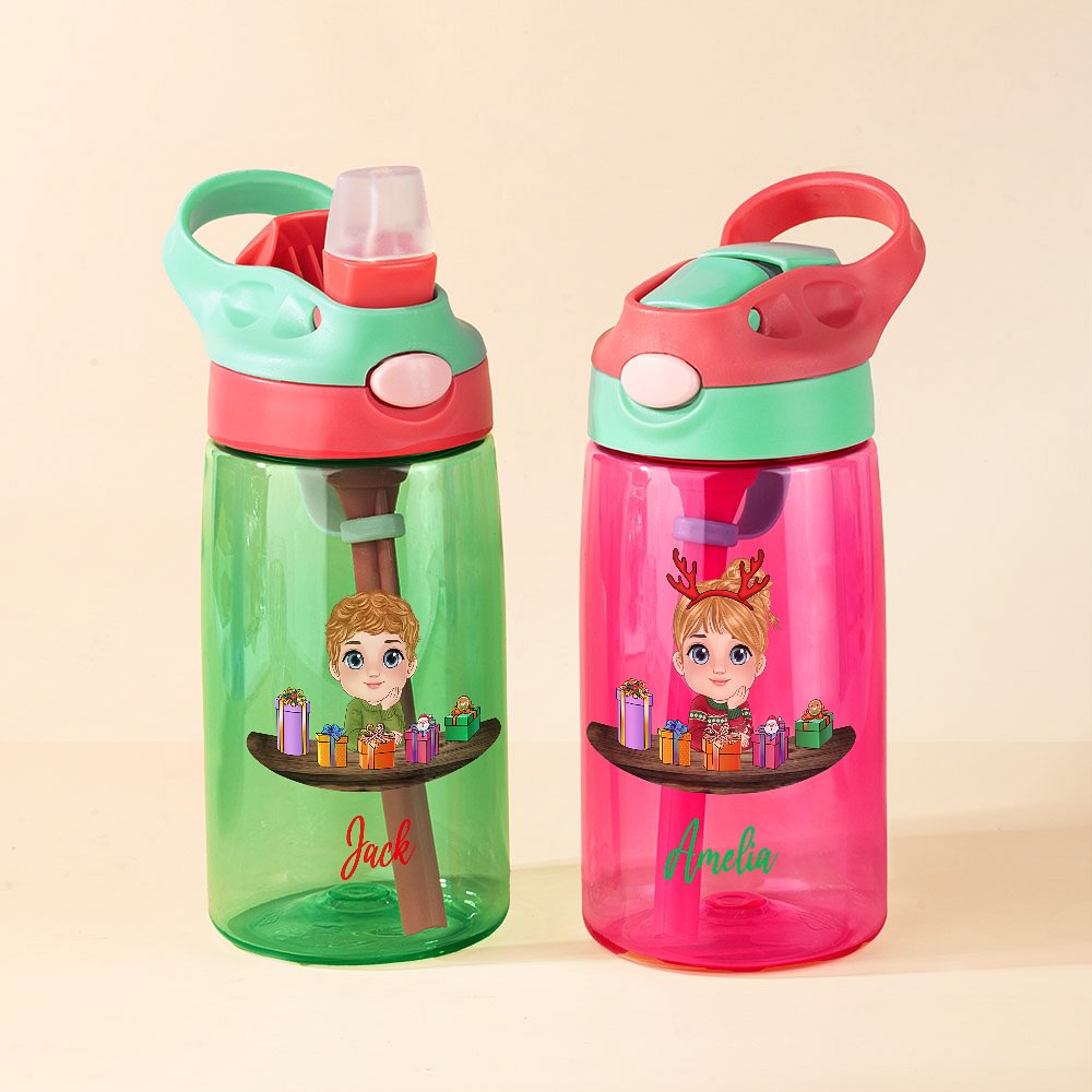Bouteille d'eau pour enfant personnalisée avec nom et paille en silicone Utilisation quotidienne Cadeau de Noël pour garçons filles