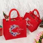 Personalised Birth Flower Wreath Large Capacity Red Jute Gift Tote Bag With Name Christmas Birthday Party Gift For Women Girls