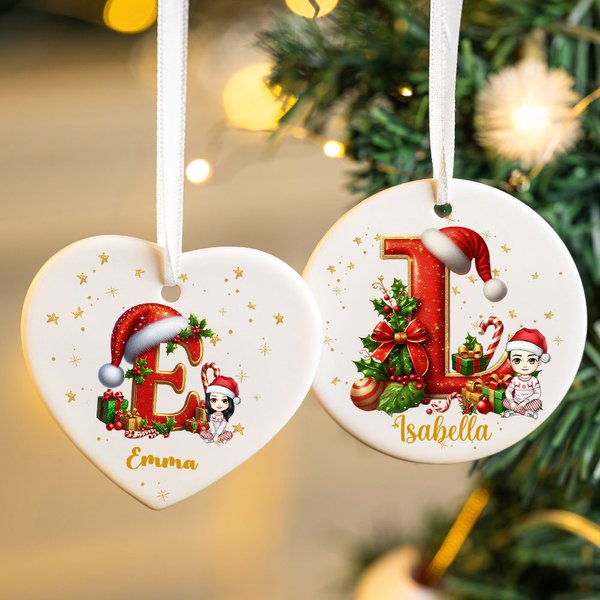 Personalized Cartoon Character Santa Hat Initial Ceramic Ornament with Name Christmas Gift for Family Friends